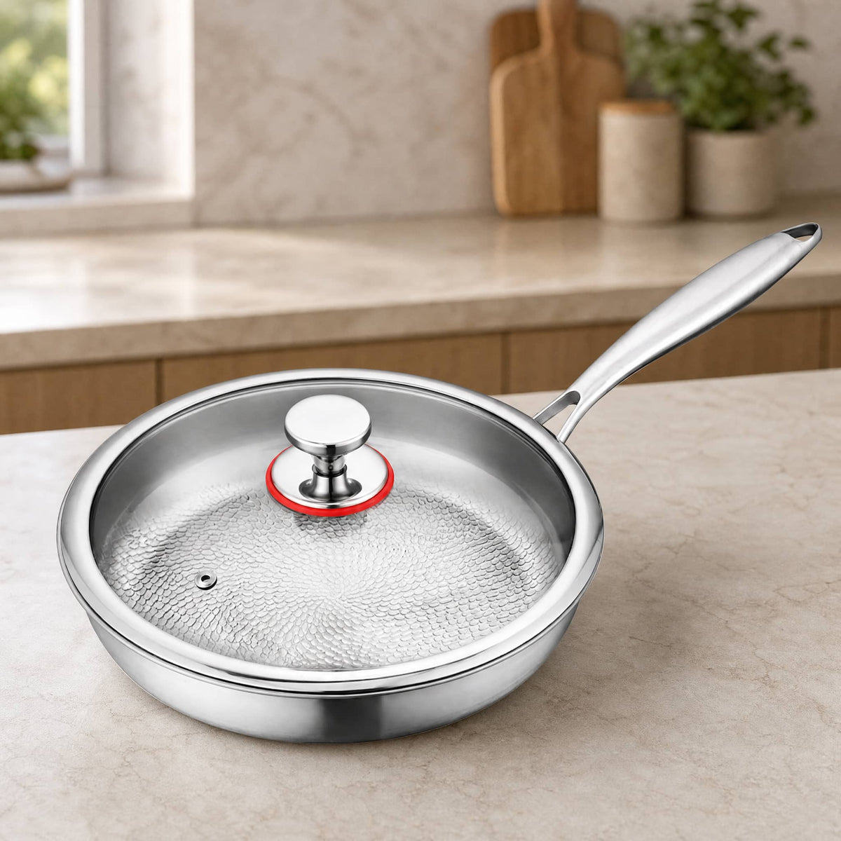 Hammered Titanium Frying Pan — Natural Non-Stick with Glass Lid 7