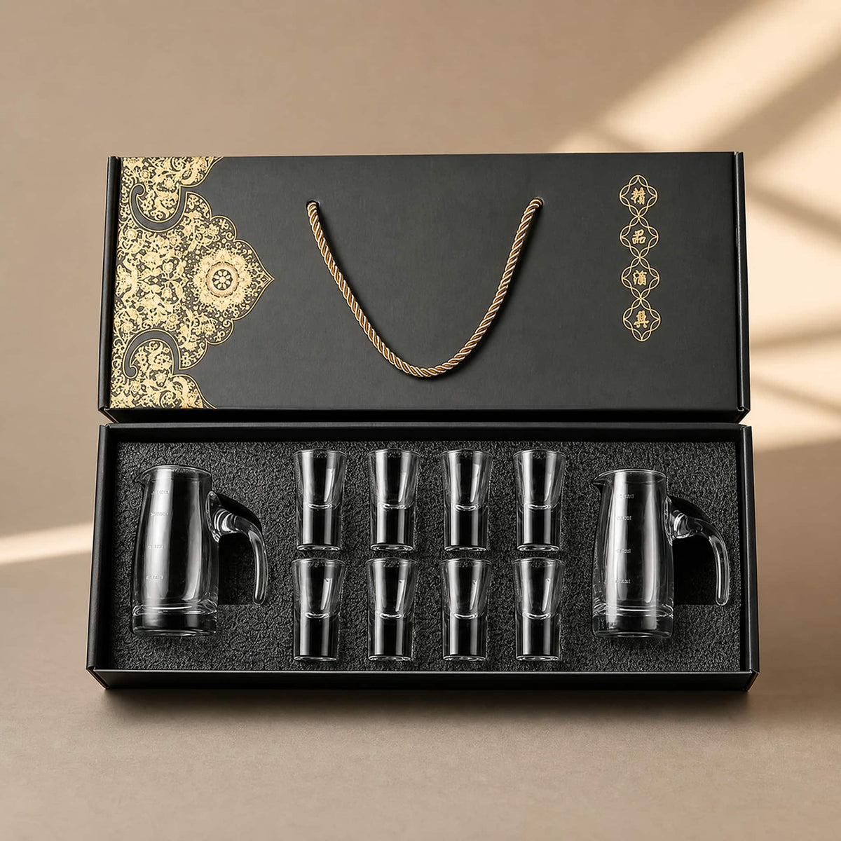 Chinese Baijiu Gift Set — 8 Shot Glasses & 2 Glass Decanters 11