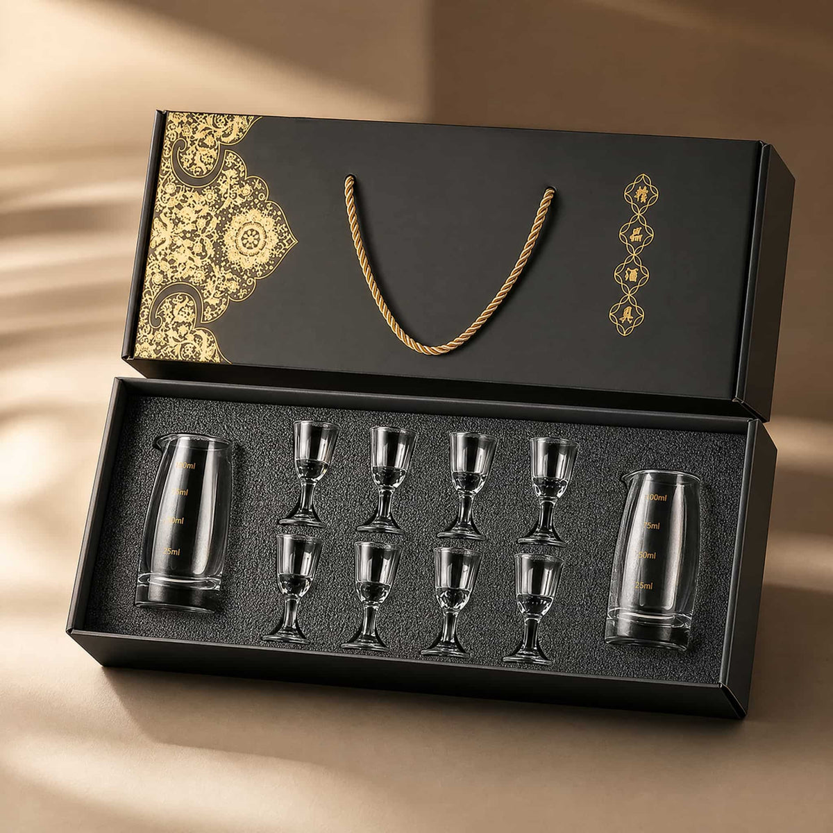 Chinese Baijiu Gift Set — 8 Shot Glasses & 2 Glass Decanters 15
