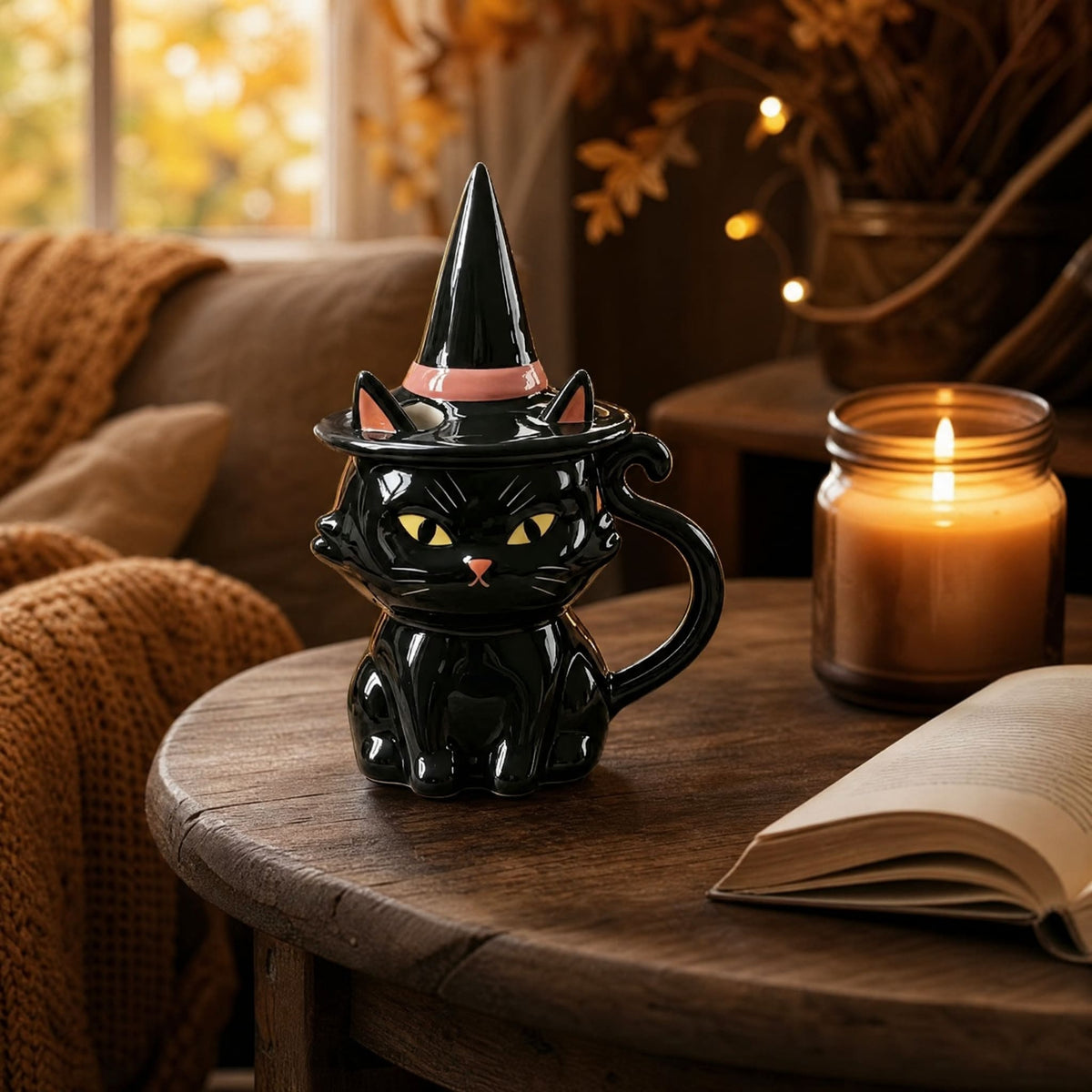 Black Cat Ceramic Mug with Witch Hat Lid — 350ml 6