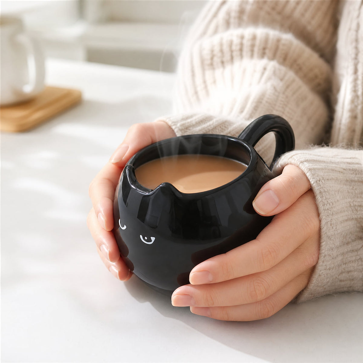 Black Cat Ceramic Mug with Ears — Kawaii 380ml Cup 2
