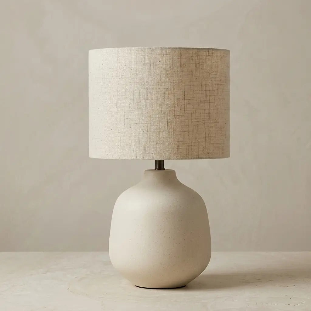 TerraCero | Ivory Ceramic Table Lamp with Cylindrical Fabric Shade