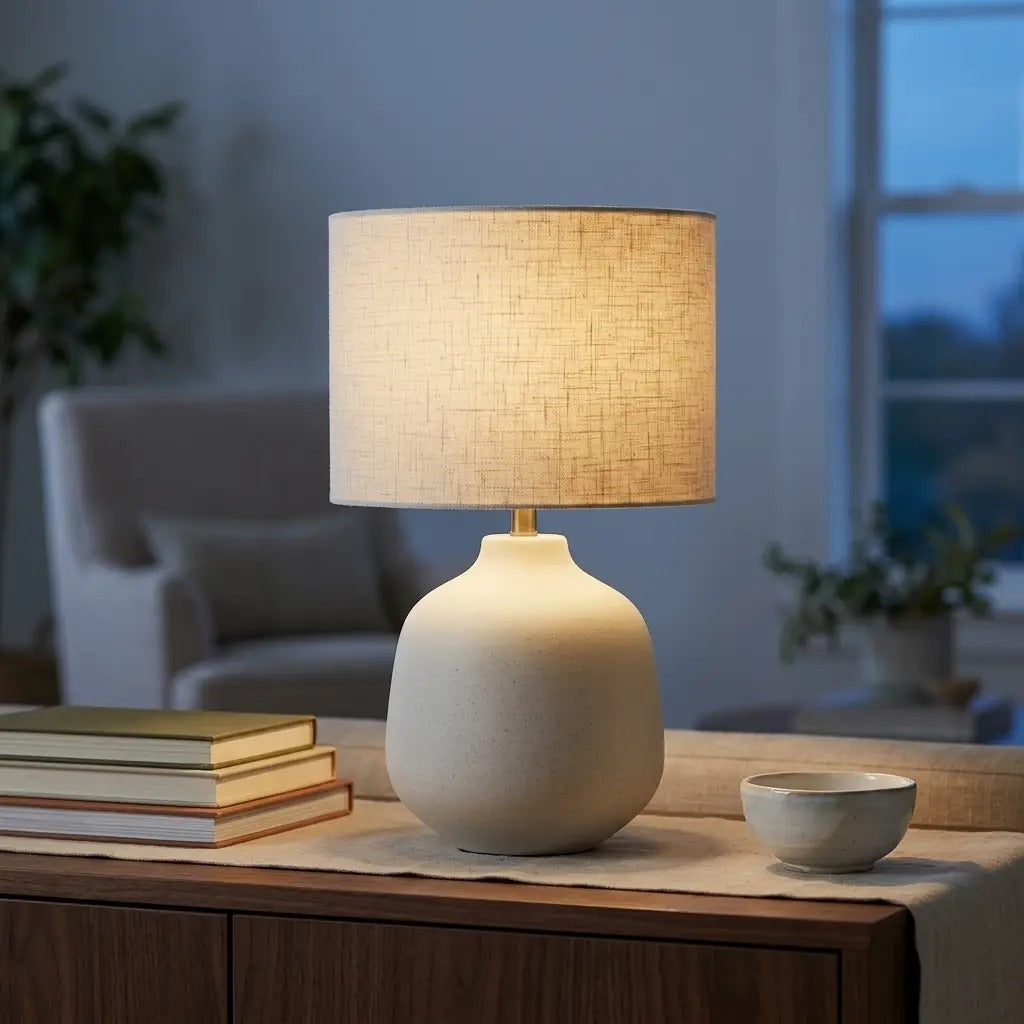 TerraCero | Ivory Ceramic Table Lamp with Cylindrical Fabric Shade