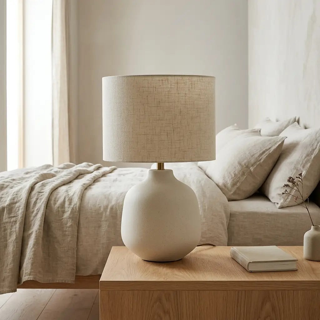 TerraCero | Ivory Ceramic Table Lamp with Cylindrical Fabric Shade