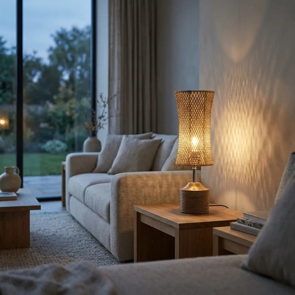 WeaveLux | Natural Woven Fiber Table Lamp with Wood Effect Base