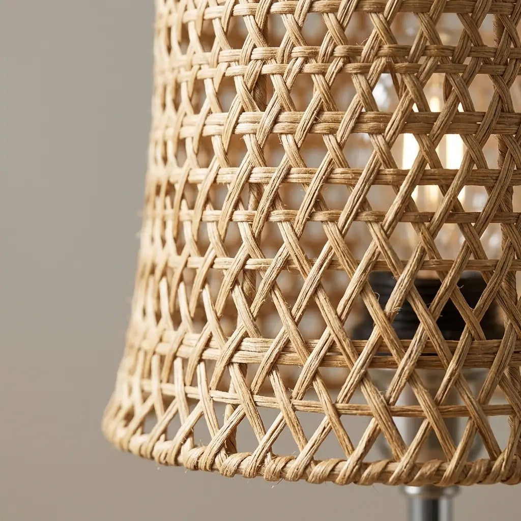 WeaveLux | Natural Woven Fiber Table Lamp with Wood Effect Base
